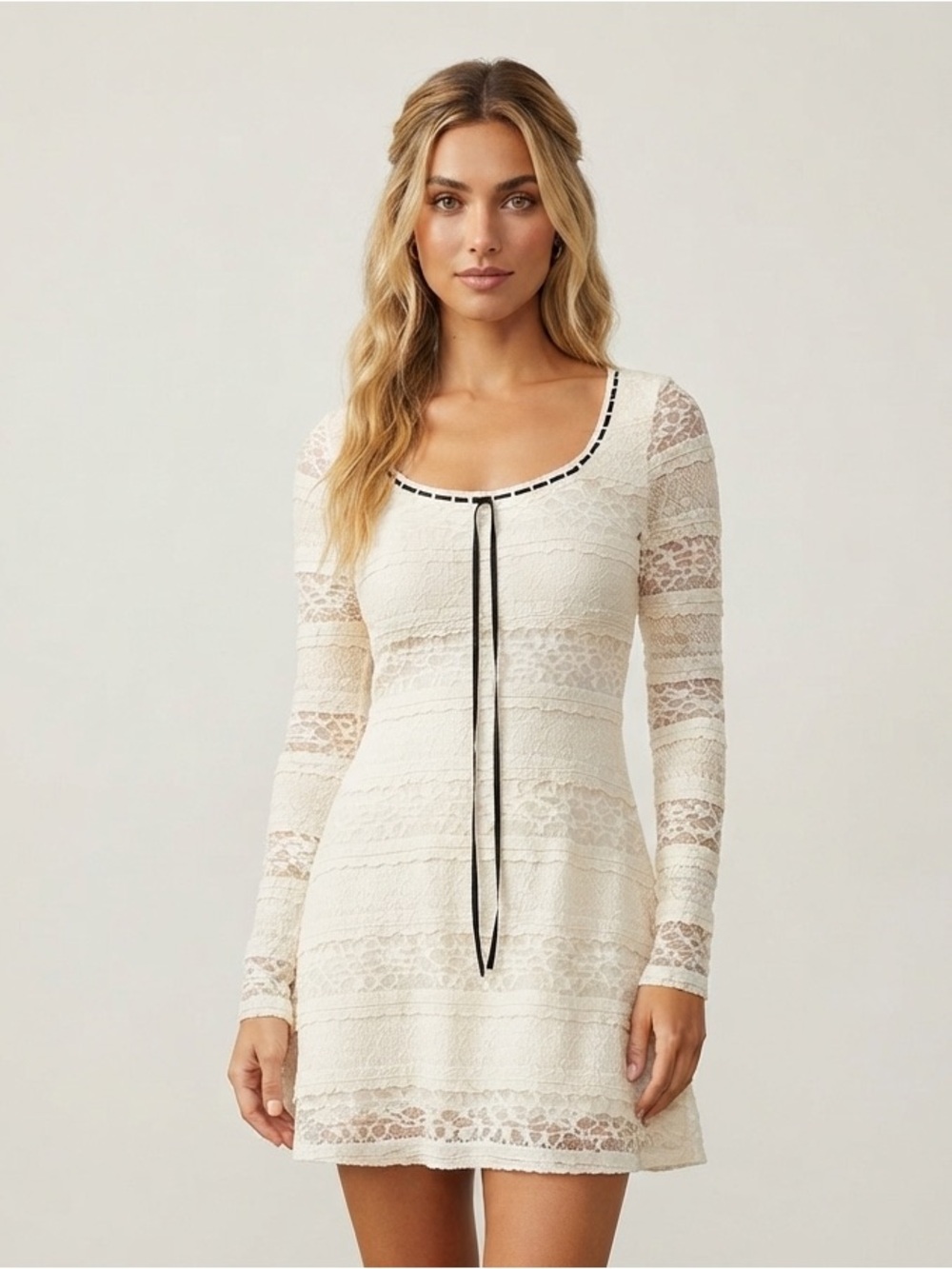 Altar'd State Cream Lace Mini Dress XS EUC Coquette Ribbon Tiered Long Sleeve